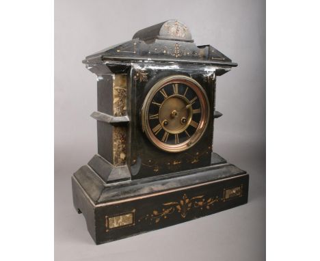 A 19th Century slate and marble two hole mantle clock. H: 34.5cm, W: 31cm, D:15.5cm.  Condition. Some repair needed. One of t