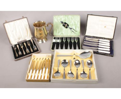 Five Boxed Sets of Stainless Steel and Chrome Plated Cutlery along with EPNS Tankard. Includes Two Sets of Knives by Leonard 