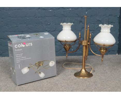 A vintage brass twin table lamp with shades, to include Colours Forbes triple spotlight (boxed)  