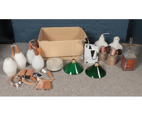 A box containing various mid century and modern lighting. To include four hanging wooden wall lights with frosted glass shade