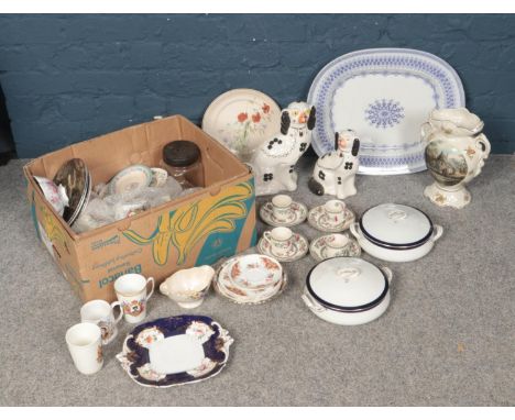 A box of assorted ceramics. To include two Meakin tureens, 'Maling' dish, Indian Tree Johnson Bros coffee cups and saucers an