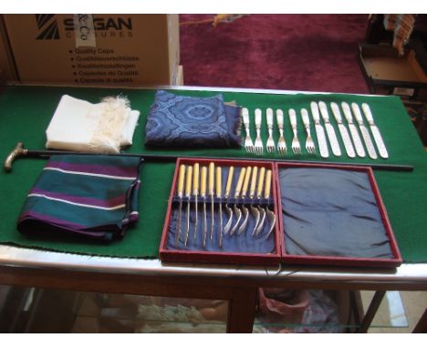 A set of six Victorian Mappin Brother EPNS fruit knives and forks with mother of pearl handles, a cased set of six fish knive