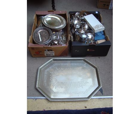 Two boxes of assorted EPNS and silver plate comprising a pair of Old Sheffield Plate telescopic candlesticks and a pair of wi