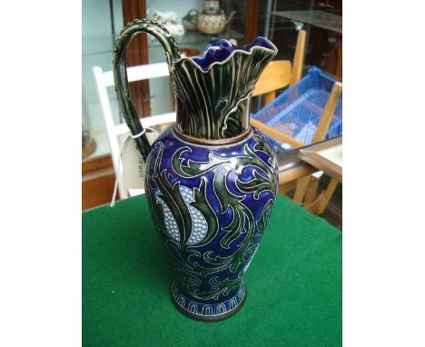 A Doulton Lambeth tube lined jug, Art Union of London, incised ES (MVM Mark V Marshall) (small chip to left of spout 2mm x 4m