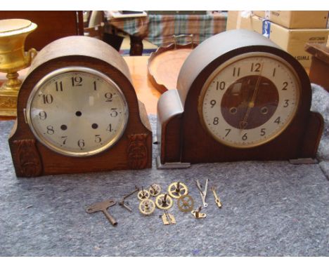 A Smith's oak mantel clock, 8 day movement with passing half strike on a coil, with key together with another mantel clock (a