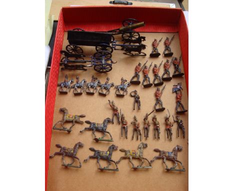 Early 20th Century painted flat lead soldiers comprising horse drawn ammunition lumber and cannon, six mounted cavalry men, n