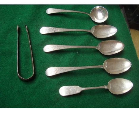 A mixed lot of silver comprising three George III Old English pattern tablespoons with bright cut decoration (two of them Lon