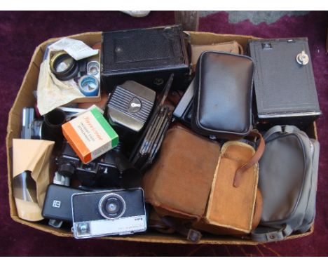 A quantity of box and folding cameras including Kodak, Ilford, Ensign, Koilos etc. 
