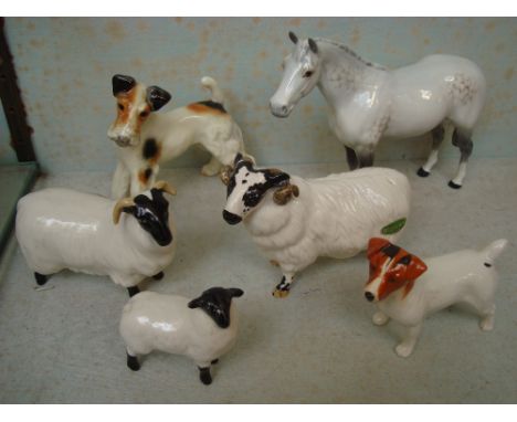 A 1930's ceramic Glossy Airedale, a Beswick Jack Russell, a Beswick Dapple Grey, a Beswick Ram and a Beswick Sheep and Lamb (