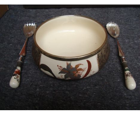 A 19th Century Doulton salad bowl and matching ceramic handled servers. 