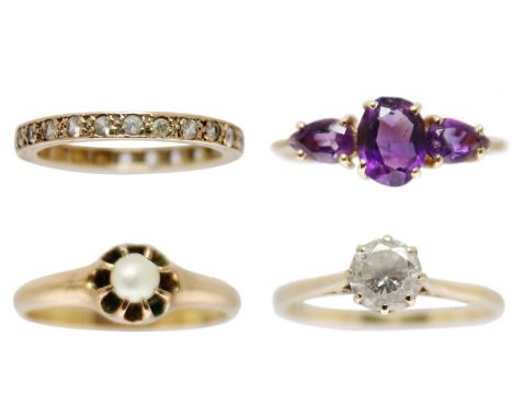 A selection of four gem set rings. One is 14ct set with a small pearl, stamped RYRIE 14ct, size J 1/2; the other three rings 