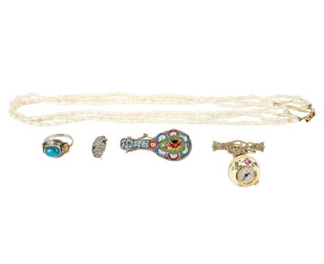 A selection of costume jewellery. To include a three strand Baroque pearl necklace with 18ct clasp, length 42cm; a silver Art