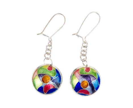 A .999 silver, cloisonne and enamel "Newlyn Festival" earrings by Samantha Suddaby. Height 25mm, weight 15.61g.James Suddaby 
