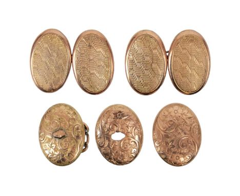 A 9ct rose gold pair of cuff links. With engine turned decoration, Birminham hallmark; and three damaged cuff link heads, tot