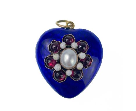 A Victorian style silver gilt, blue guilloche enamel, garnet and pearl set heart pendant.  Width 20mm, 8g.