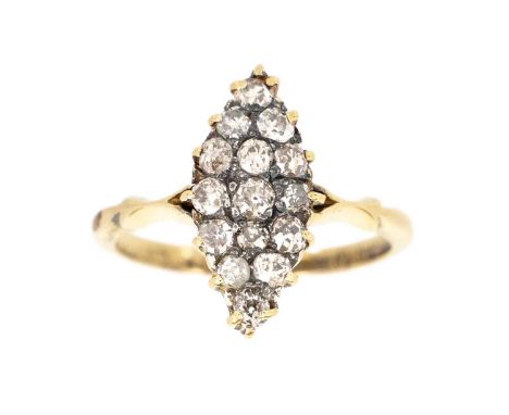 An 18ct diamond cluster navette ring. The head set with 15 old round cut diamonds, stamped 18ct, head size 15 x 7mm, size J, 