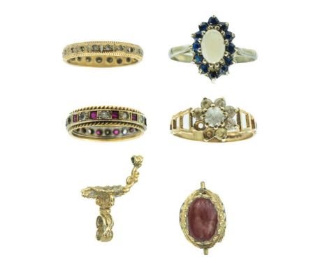 A selection of four 9ct gem set rings and a broken swivel fob. Ring sizes between L &amp; Q, total weight 17.5g.