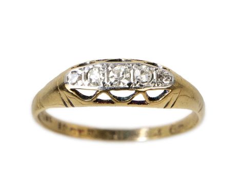 An 18ct gold and platinum diamond ring. Set with five small round cut graduated diamonds, hallamrked, size O, 1.9g.