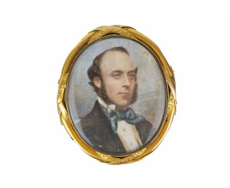 A Victorian high purity gold (tests 18ct) ivory portrait miniature set bracelet clasp. The oval portrait depicting an quarter