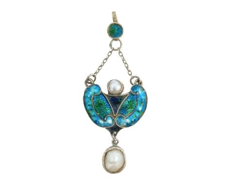 An Art Nouveau silver and enamel pendant, set with split blister pearls. Total length 65mm.
