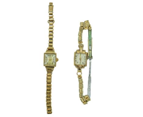 Two lady's 9ct cased manual wind wristwatches. Both with gold plated bracelets, case back weights 3.5g.The Rotary winds and r