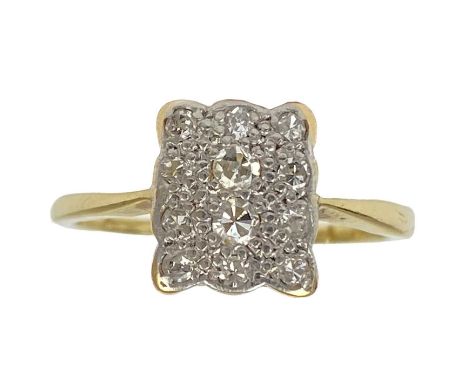 A diamond pave set panel gold ring. Set with 12 small round cut diamonds in a white gold setting, size K, 1.8g.