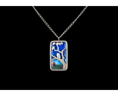 Anthony Hawksley - A silver and enamel owl in tree pendant necklace. The back of the pendant signed, London hallmark, 45 x 27