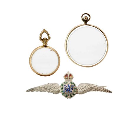 Two 9ct gold framed glass set photograph pendants and a silver RAF sweetheart brooch. The largest pendant diameter 35mm, weig