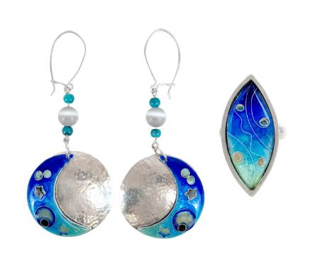 A .999 silver cloisonne enamel "Surfing Under the Moon & Stars" earrings and ring by Samantha Suddaby. The enamel is UV react