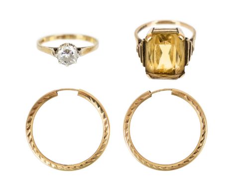 A selection of 9ct jewellery. To include a pair of hoop earrings, 1.33g, a citrine set cocktail ring, size Q, and a cubic zir