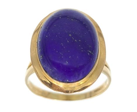 A 14ct lapis lazuli set dress ring. The cabochon stone measuring 17 x 12mm, stamped 14k 585, size Q, 3.6g.The stone has light