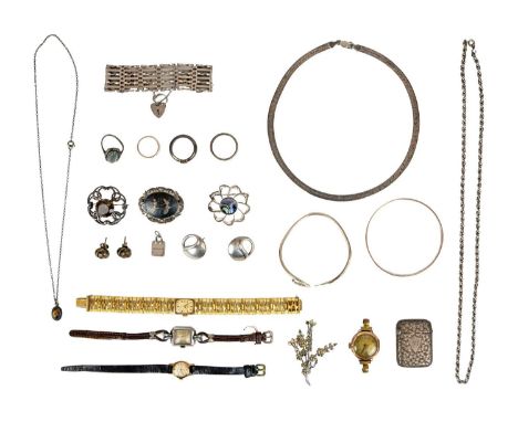 A selection of costume jewellery, including silver. Comprising a 9ct rose gold manual wind wristwatch, a Victorian silver ves