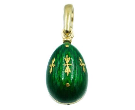 A modern Faberge 18ct gold and enamel egg pendant, ref. F-1310 GR. In green guilloche enamel, hinged bale, limited edition nu