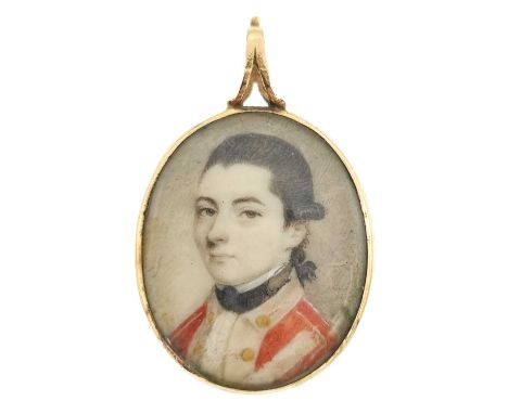 A George III gold-mounted ivory portrait miniature glazed pendant of a young British officer. The watercolour portrait miniat