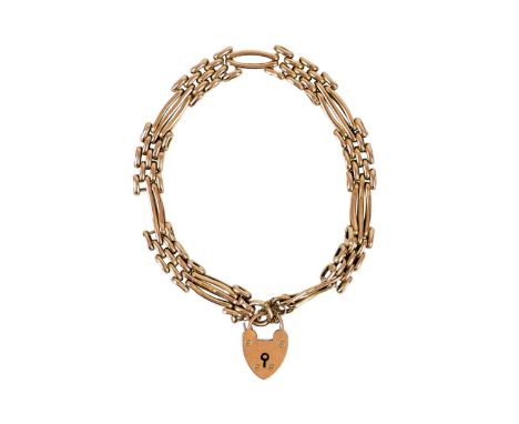A 9ct rose gold gate link bracelet with padlock clasp. Weight 9g.