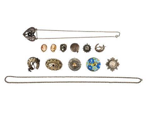 A selection of jewellery. To include pair 9ct cameo clip earrings, 4.6g, a Victorian gold-plated oval brooch, a silver and en