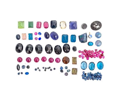 A collection of loose gemstones. To include tourmaline, andalusite, rubies, blue topaz, sapphires, opal triplets etc.