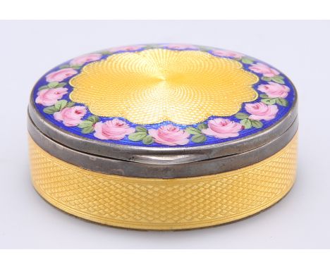 A YELLOW-GROUND ENAMEL BOX, early 20th Century, apparently unmarked, circular, the hinged cover decorated with a ring of rose
