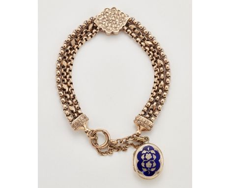 A VICTORIAN ALBERTINA BRACELET, with a foliate engraved slider and suspending a blue enamel and foliate engraved locket, mark