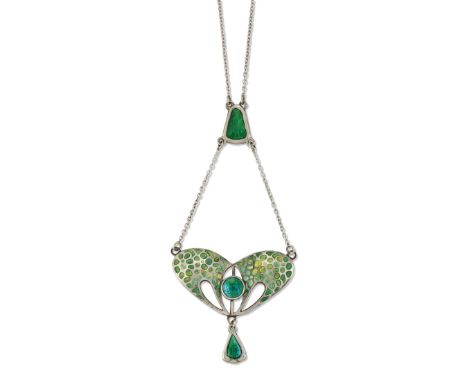 CHARLES HORNER - A SILVER AND ENAMEL PENDANT NECKLACE, a pierced heart-shaped plaque filled with green-yellow enamel and susp