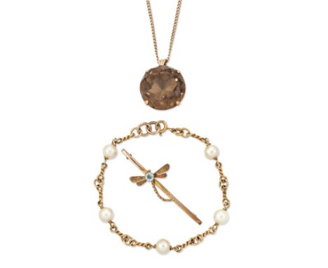 A SMOKY QUARTZ PENDANT ON CHAIN,&nbsp;a round smoky quartz in a claw setting, to a fluted bail and a fine Cuban chain necklac