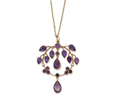 A LATE VICTORIAN AMETHYST AND SEED PEARL PENDANT ON CHAIN, a circular knife-edge frame with pear and round-cut amethyst leave