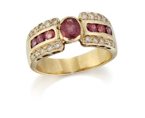 A RUBY AND DIAMOND RING, an oval-cut ruby in a bezel setting between broad shoulders channel set with round-cut rubies and ro