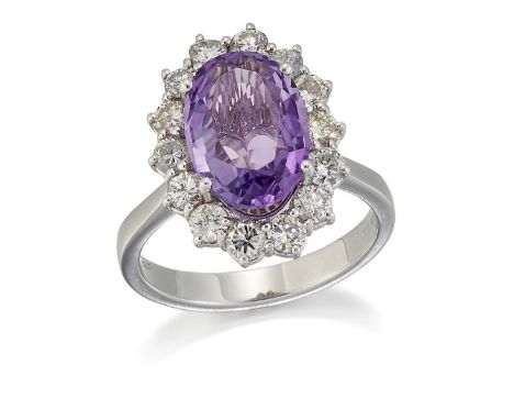 AN 18 CARAT WHITE GOLD AMETHYST AND DIAMOND CLUSTER RING,&nbsp;an oval-cut amethyst in a claw setting within a border of roun