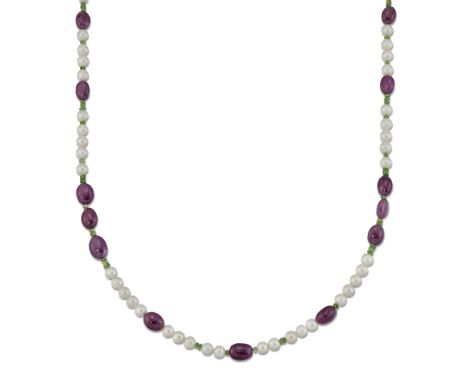 A CULTURED PEARL, RUBY AND TSAVORITE GARNET NECKLACE, cultured pearls spaced by smooth polished oval ruby and tsavorite garne