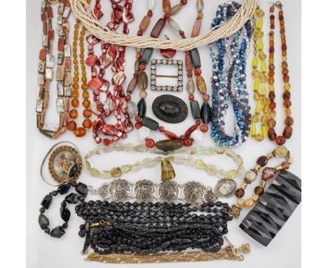 A QUANTITY OF COSTUME JEWELLERY, including&nbsp;FRENCH JET PASTE NECKLACES, A BROOCH AND A BRACELET; together with various gl