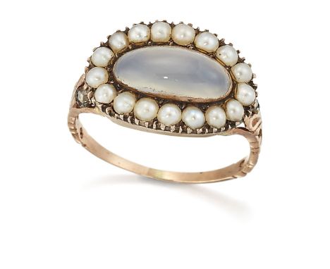 A MOONSTONE, SEED PEARL AND DIAMOND CLUSTER RING, an oval moonstone within a border of seed pearls in a closed back setting, 