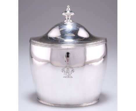 A GEORGE III SCOTTISH SILVER TEA CADDY, by&nbsp;William &amp; Patrick Cunningham, Edinburgh 1797, oval with reeded bands, the