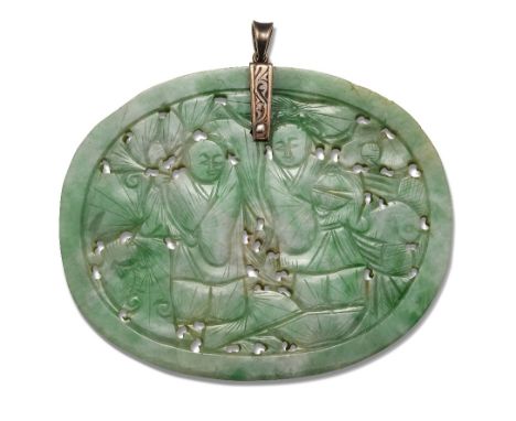 A JADE PENDANT, oval form and finely carved and pierced depicting figures, to an engraved bail. 5.2cm by 5.7cmCONDITION REPOR