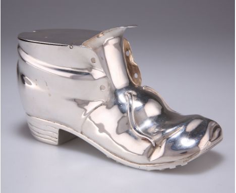 A SILVER-PLATED NOVELTY SPOON WARMER, by Mappin &amp; Webb, in the form of a boot. 17cm long